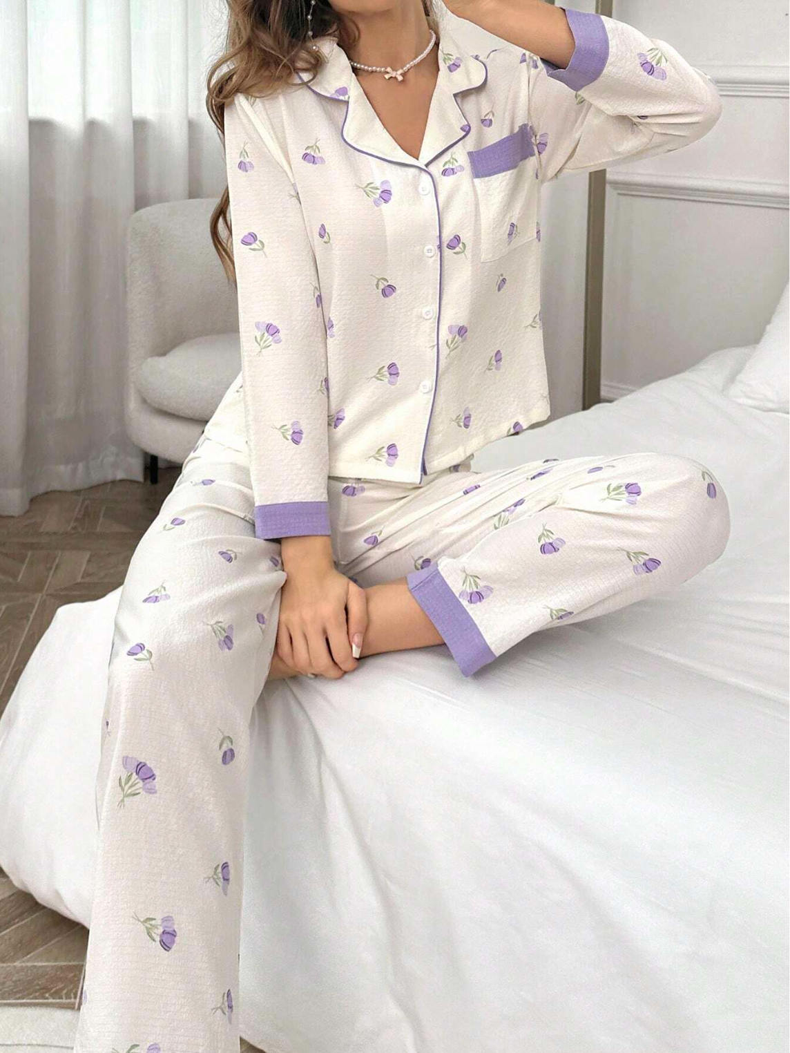 Pyjama floral mauve en lin