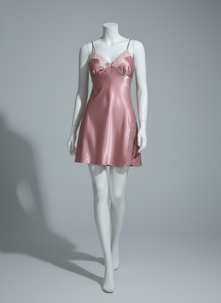 Robe de nuit satinée avec dentelle floral rose